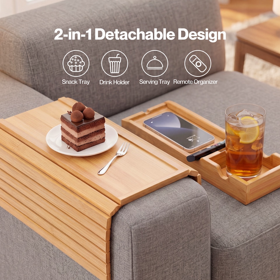 image 1 of Levede Sofa Arm Tray Table 2 in 1 Bamboo Couch Armrest Organiser Cup Mug Holder