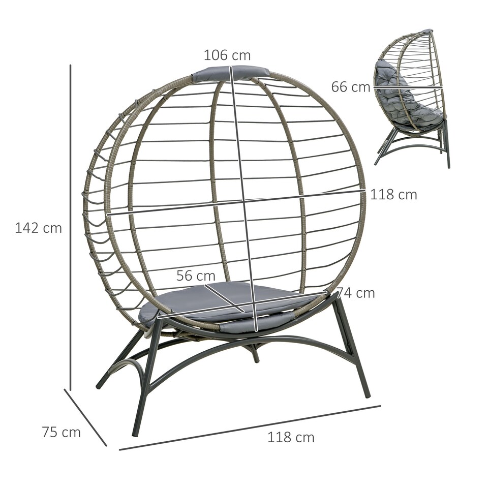 image 1 of Outsunny Folding Rattan Egg Chair, Freestanding Basket Chair with Cushion, Bottle Holder Bag for Outdoor or Indoor, Grey