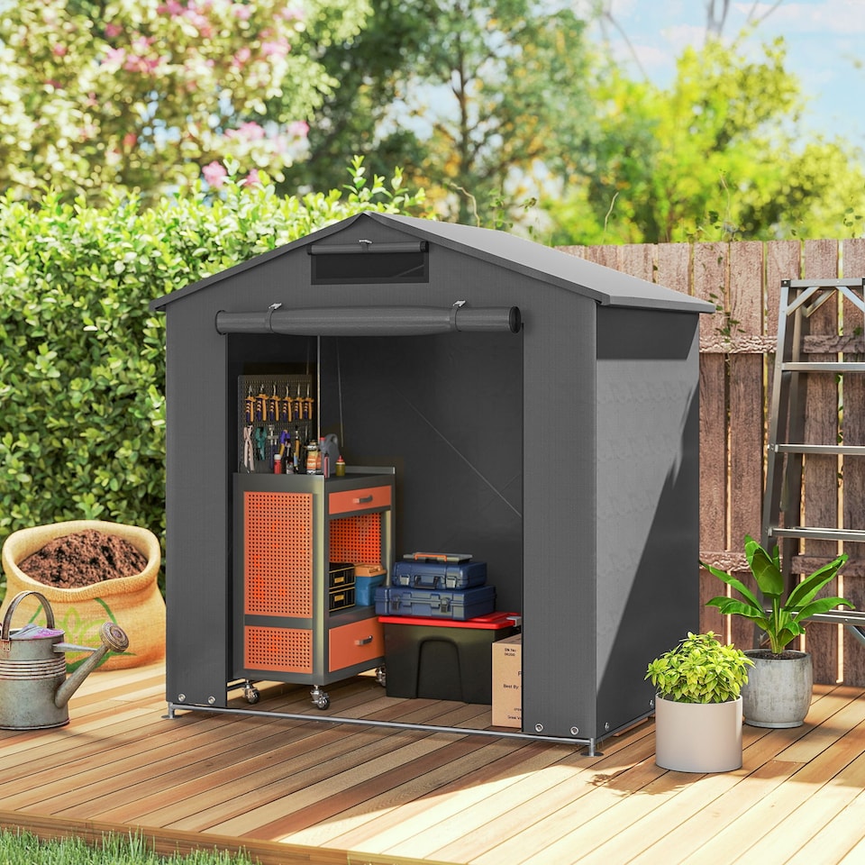image 1 of Outsunny 6 x 4 ft Outdoor Garden Storage Shed, Waterproof Bike Tent with Vent and Roll-Up Zipper Door,Outdoor Portable Shed Storage Shelter  for Bikes, Dark Grey