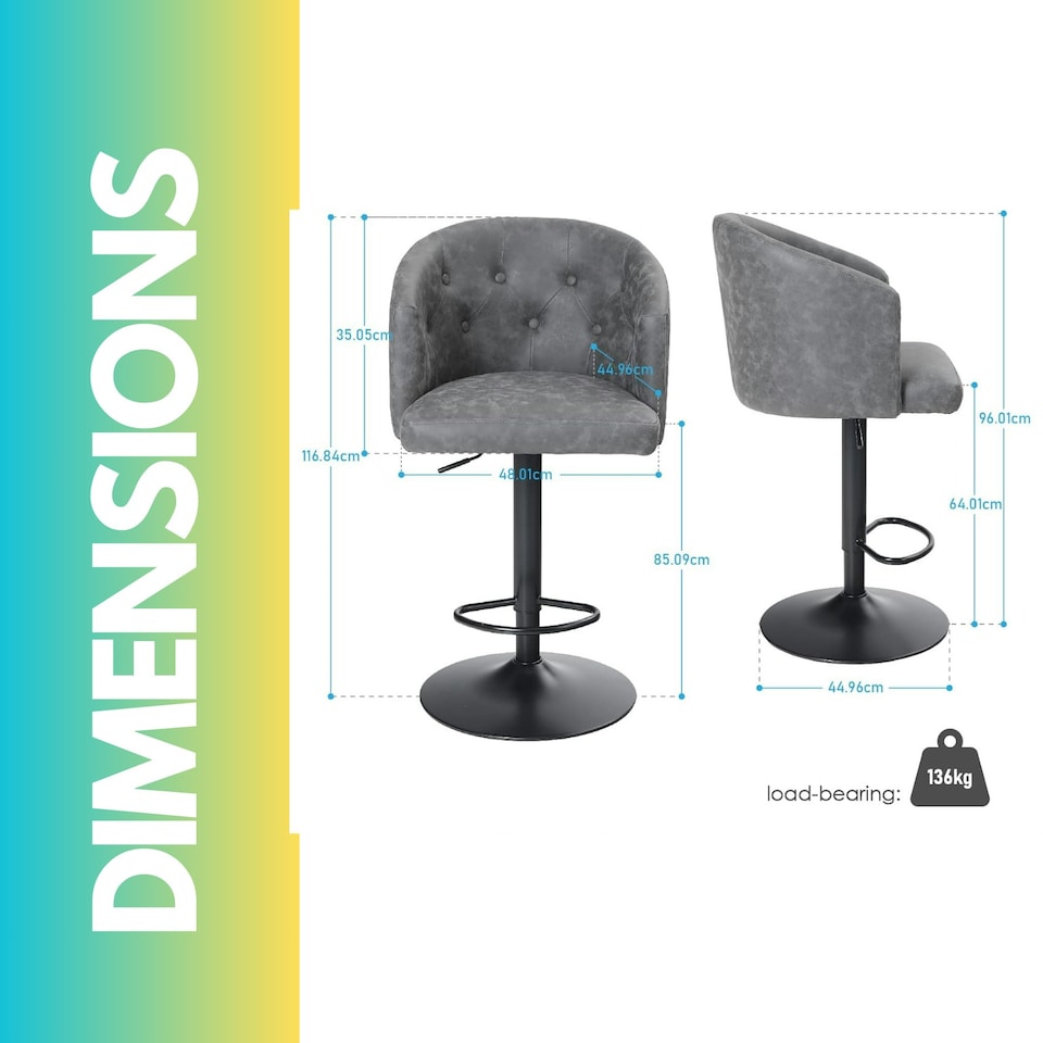 image 1 of 2PC Height Adjustable 360 Swivel Barstools Set With Backrest And Armrest Grey Grey