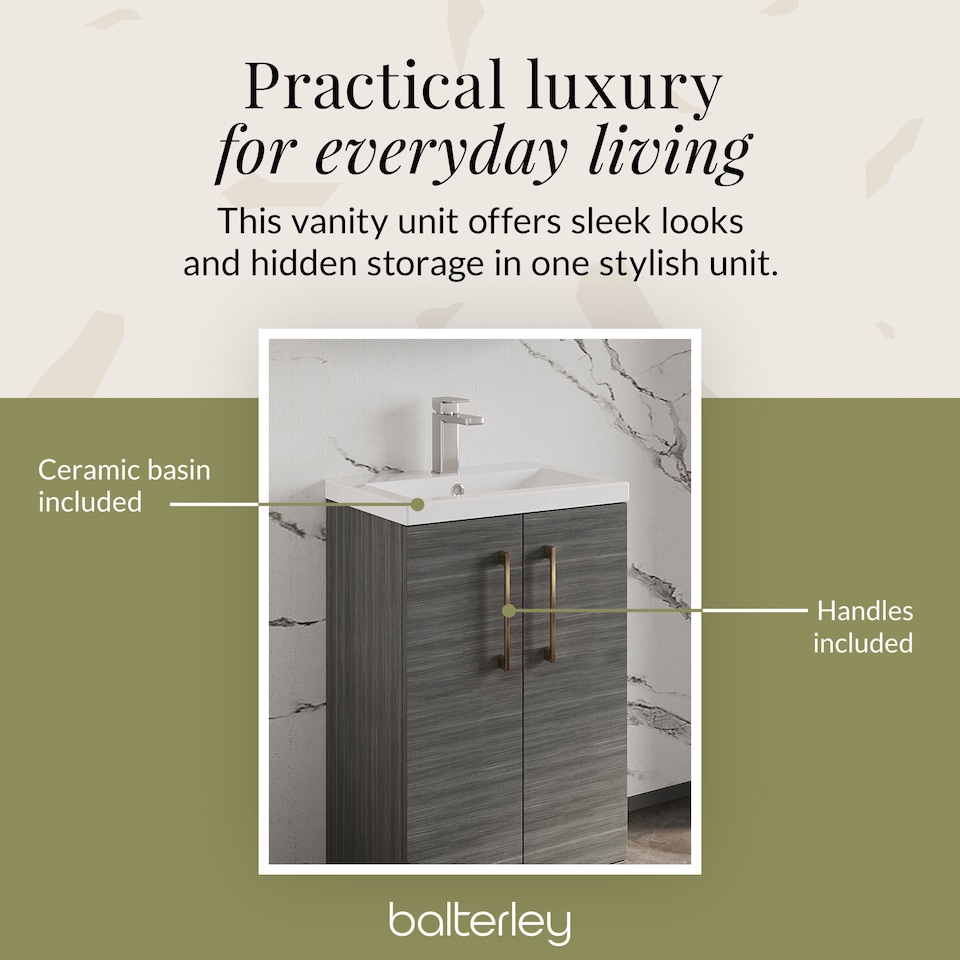 image 1 of Balterley Level Compact Bathroom Cloakroom Vanity Basin Unit with Ceramic Basin, Handles | Grey | Grey Woodgrain | 840 x 510 x 360mm