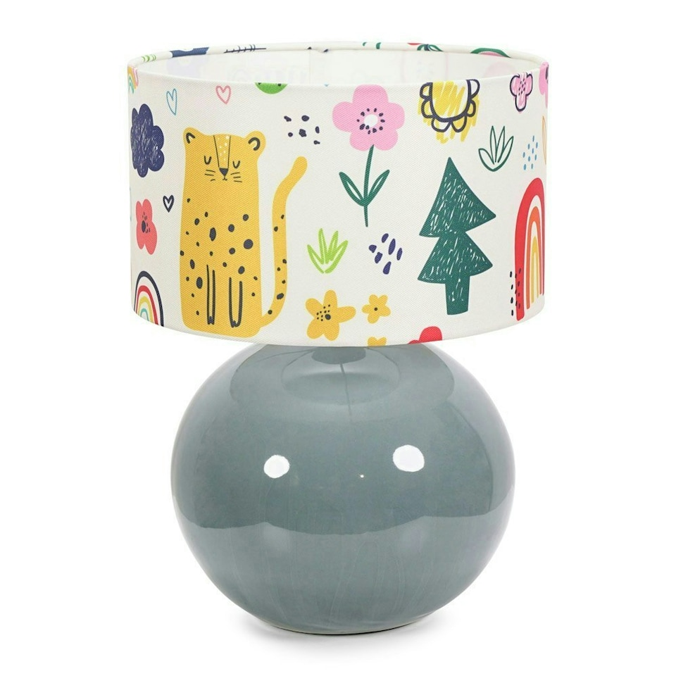 image 1 of ValueLights Bosco Eucalyptus Teal Globe Ceramic Table Lamp with Cartoon Doodle Lamp Shade and LED Bulb