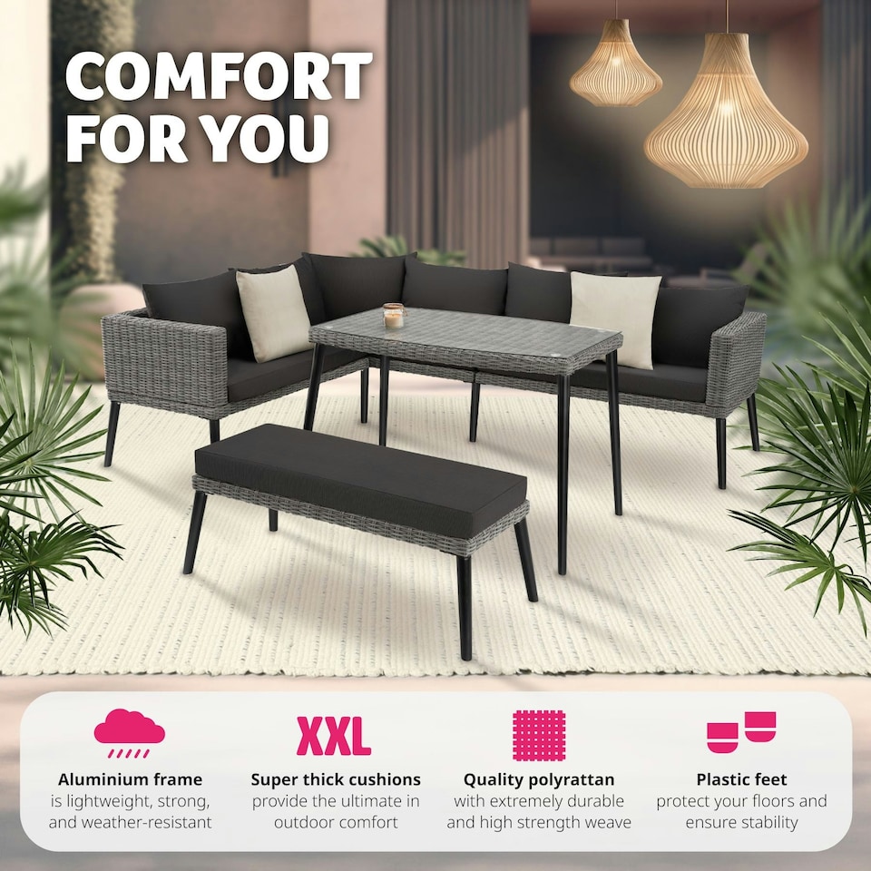 image 1 of Garden Furniture Set Pula - outdoor sofa set with table, seating bench, thick seat cushions - Grey