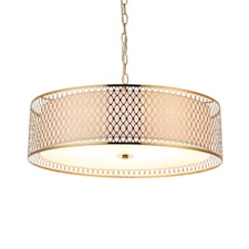 Cordero Single Pendant Ceiling Lamp, Gold Effect Plate, White Fabric, Frosted Glass