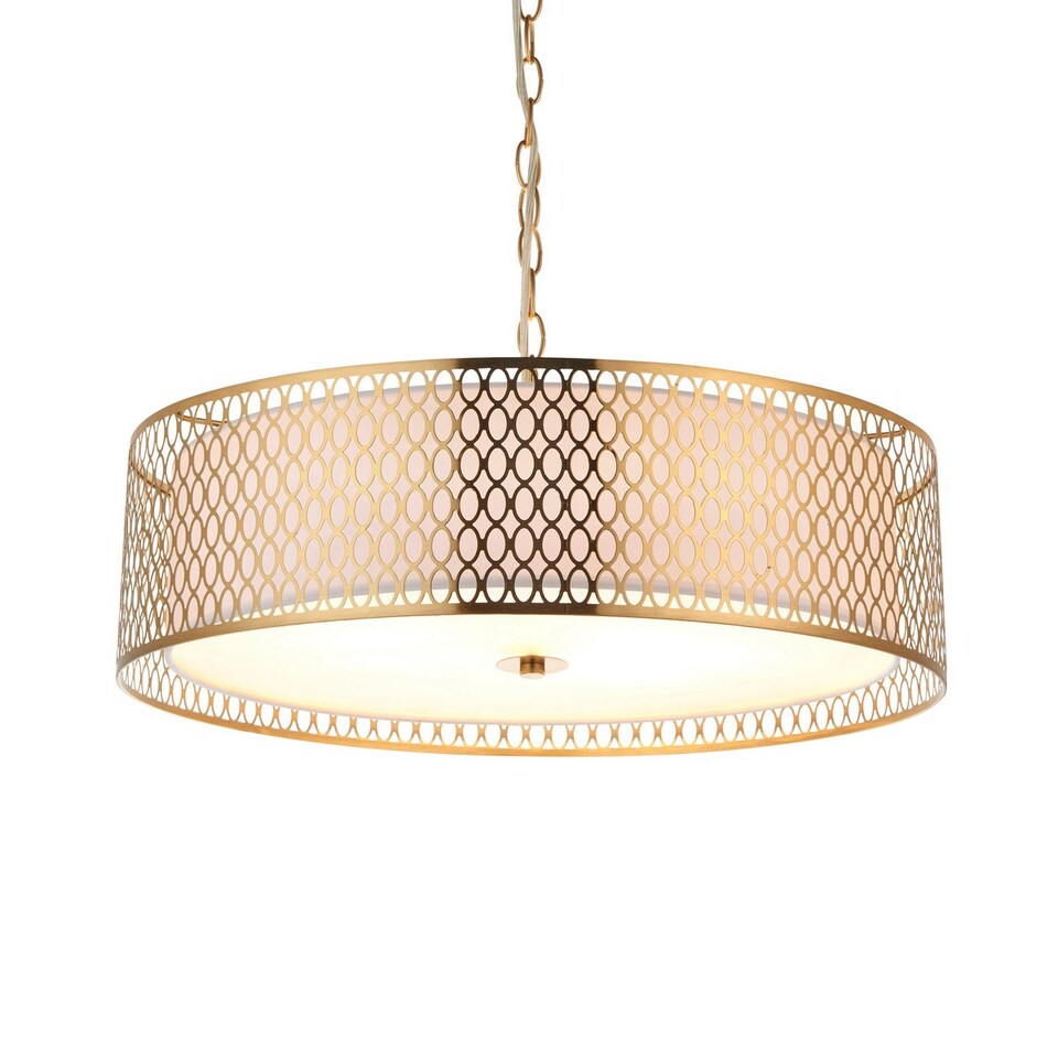 image 1 of Cordero Single Pendant Ceiling Lamp, Gold Effect Plate, White Fabric, Frosted Glass