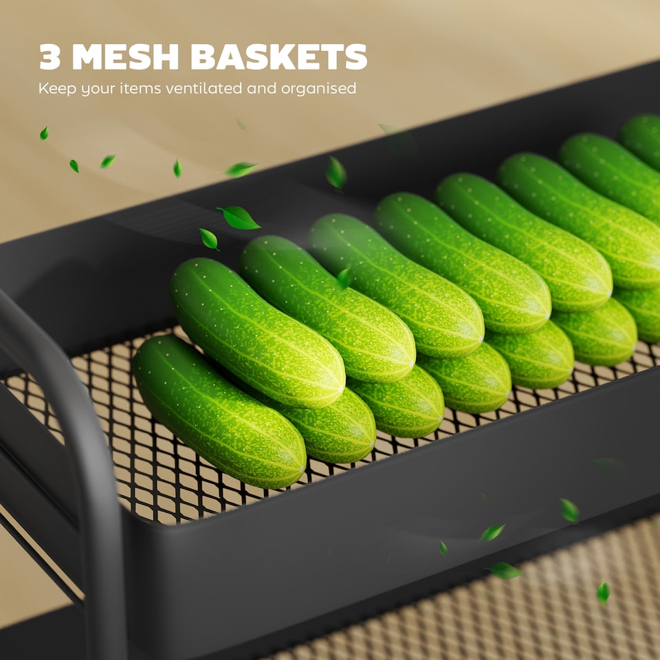 image 1 of HOMCOM 3-Tier Storage Trolley on Wheels, Rolling Utility Cart with Mesh Backets, Mobile Storage Cart for Kitchen, Bathroom, Bedroom, Black | Black | Black