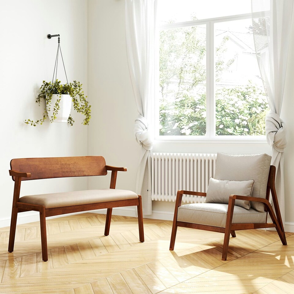 image 1 of COSTWAY 2-Seat Rubber Wood Bench Dining Bench Brown