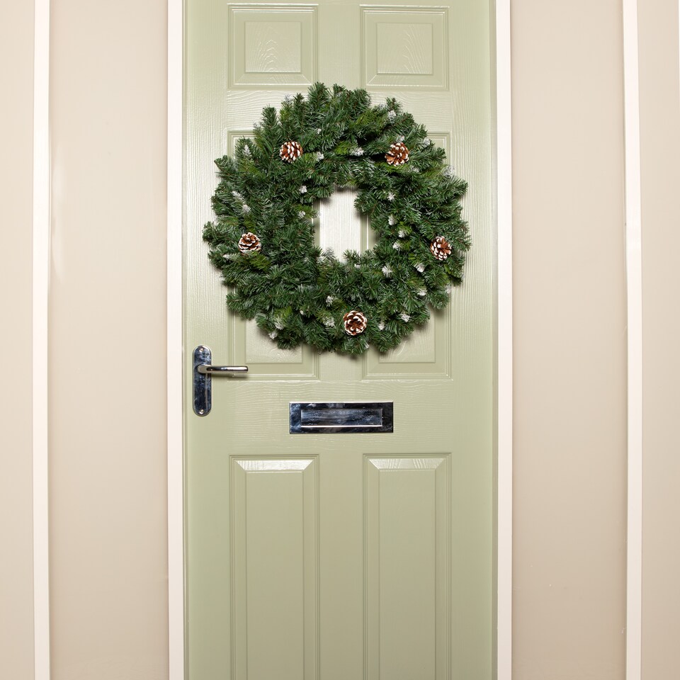 image 1 of 60cm Snow King Fir Hanging Christmas Wreath with Pinecones and 200 Tips in Green