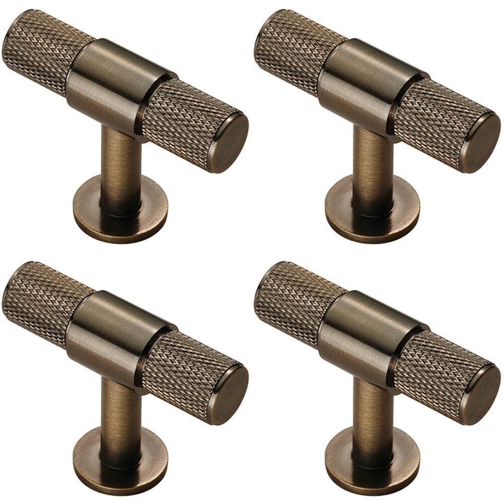 Loops 4x Knurled Cupboard T Shape Pull Handle 50 x 13mm Antique Brass Cabinet Handle in Metallics