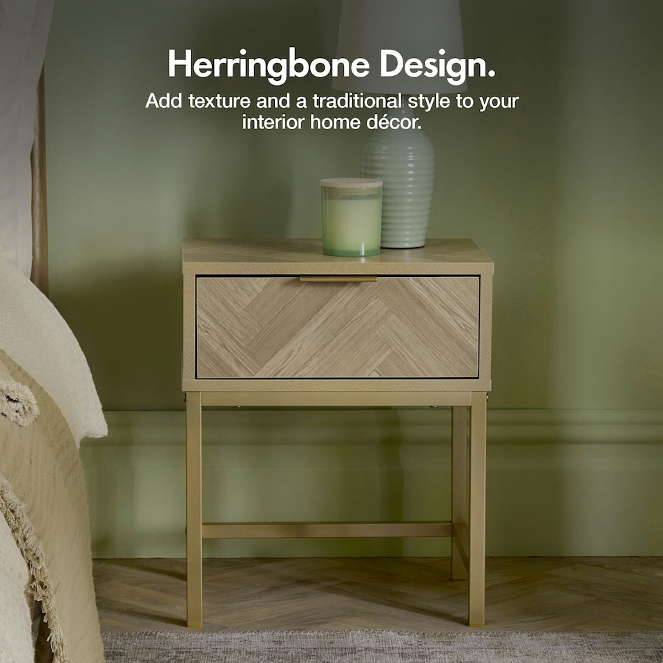 image 1 of Vonhaus Ducie Bedside Table with Gold Frame & Herringbone Finish