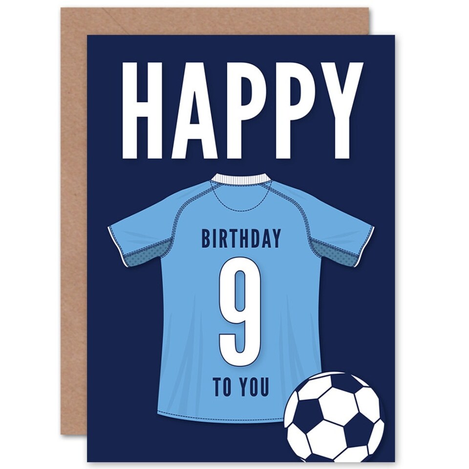 image 1 of Football Strip Kit Sky Top On Dark Age 9 Year Old Child Kids 9th Birthday Card