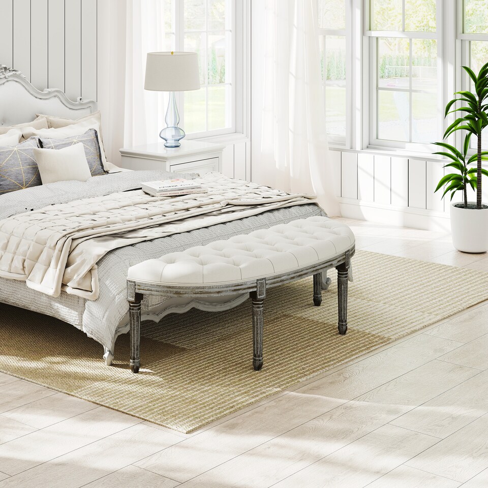 image 1 of HOMCOM Half-Circle End Bench Ottoman Footstool Tufting Padded Seat Brushed Wood Base Antique Accents Home Seat Furniture Cream White and Light Wood Grain Leg