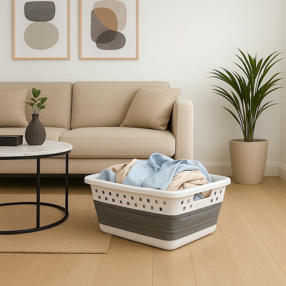 image 1 of Harbour Housewares 42L Collapsible Laundry Basket - Washing Clothes Storage Hamper Bin White | Grey