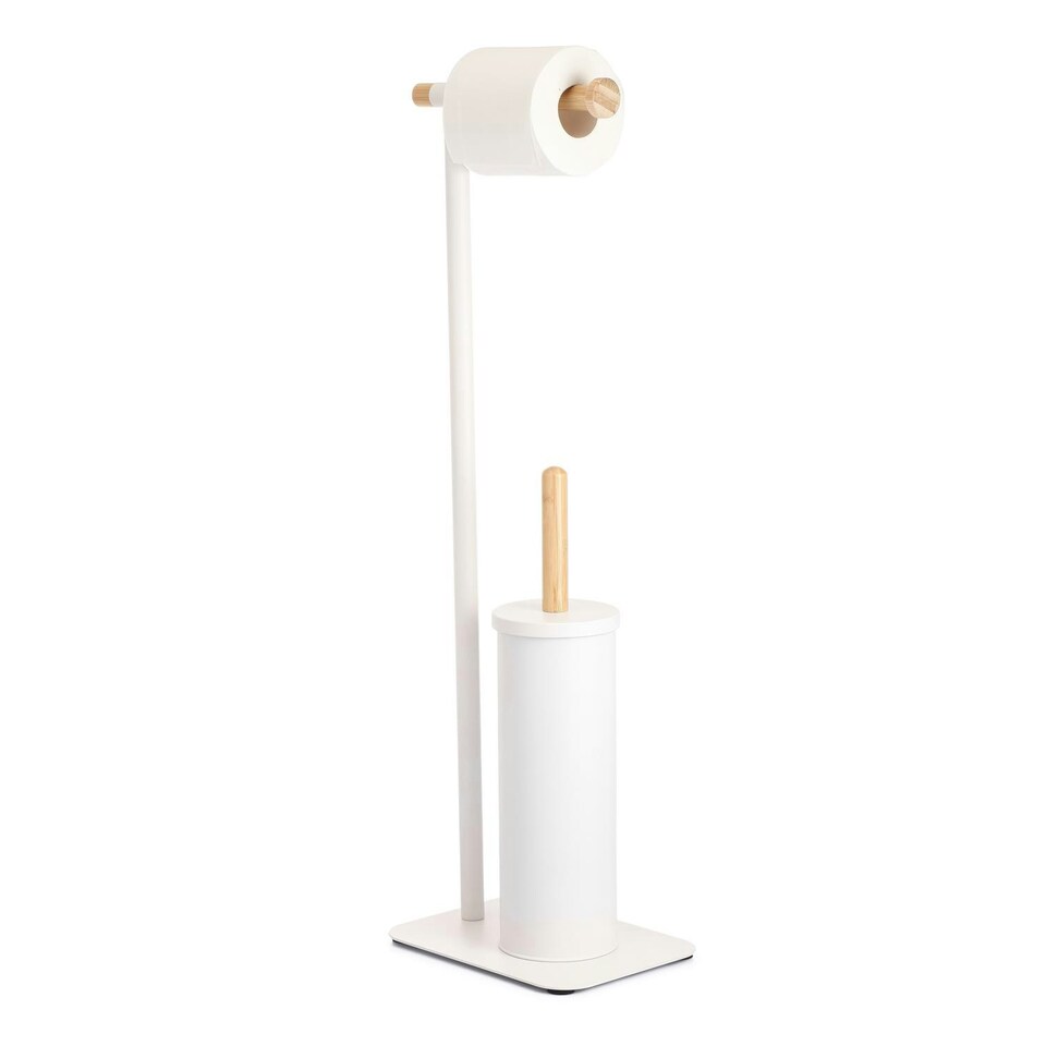 image 1 of Showerdrape Sonata White & Bamboo Toilet Roll Holder & Toilet Brush Combination