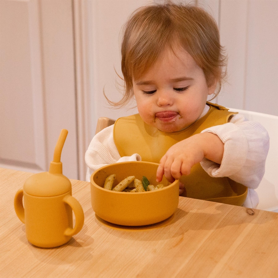 image 1 of Tiny Dining Silicone Suction Bowl & Spoon Set - Ochre - Non-Slip Silicone Baby Toddler Weaning Bowl Feeding Set | Yellow | Ochre