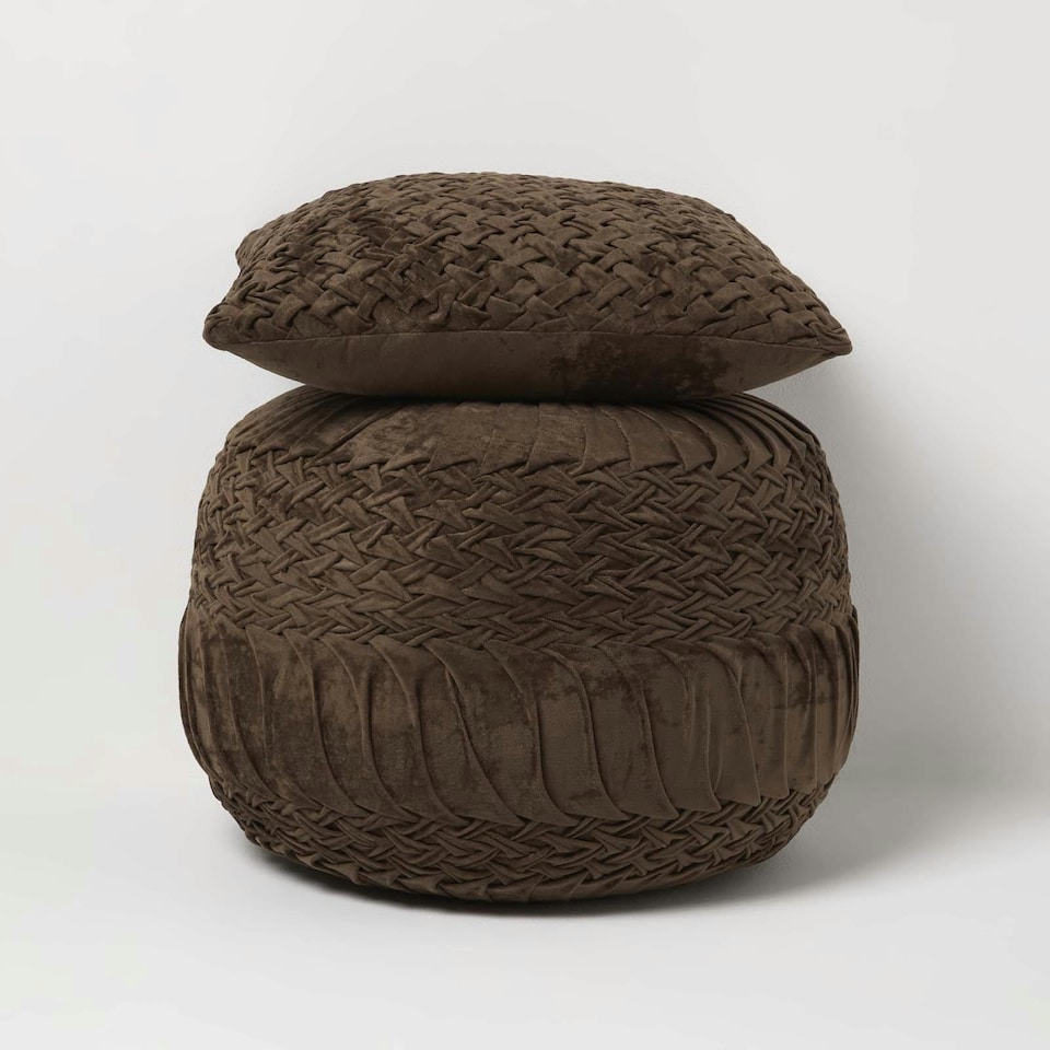 image 1 of Homescapes Sofia Pleated Brown Velvet Cushion - 45 x 45 cm | Brown | 45 x 45 cm | 1