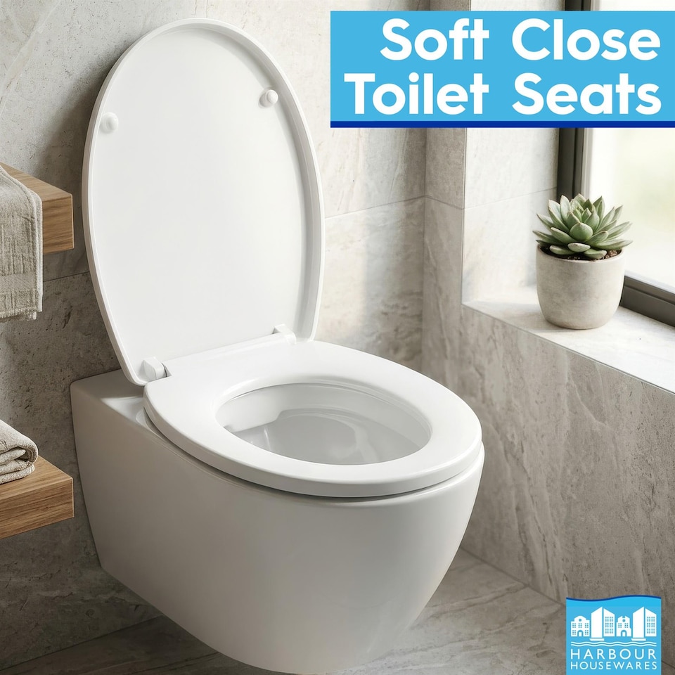 image 1 of Harbour Housewares Soft Close Toilet Seat for Oval Toilets - Anti-Bacterial Bathroom Bowl Loo Cover with Quick Release Hinges