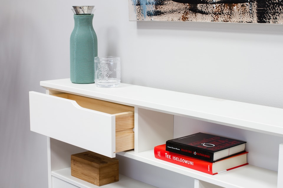 image 1 of 4ft6 Double Pure white,wood,wooden low foot end, bed frame.Shaker style with shelves.