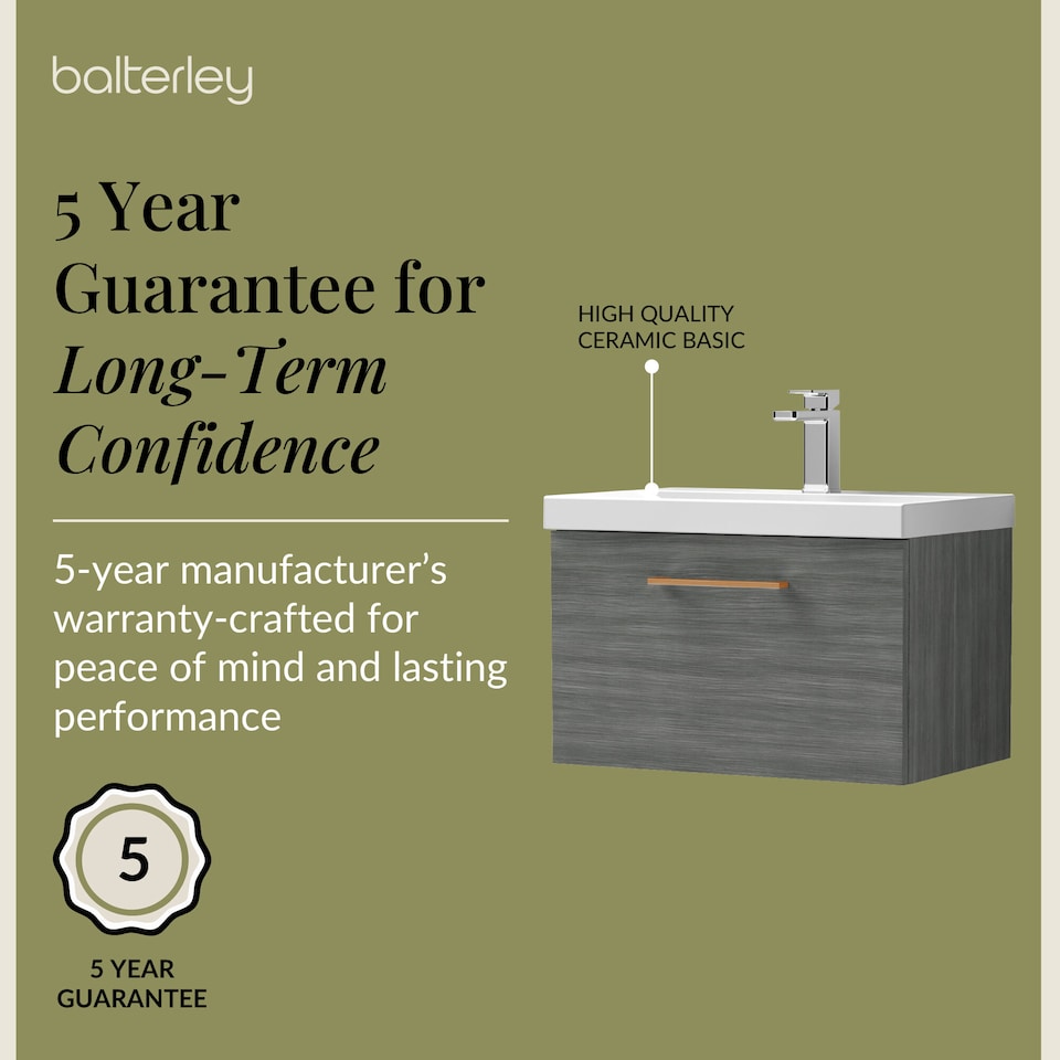 image 1 of 600mm Wall Hung 1 Drawer Vanity , Woodgrain Anthracite, Copper Handle | Grey | Anthracite Woodgrain | 399 x 610 x 390mm