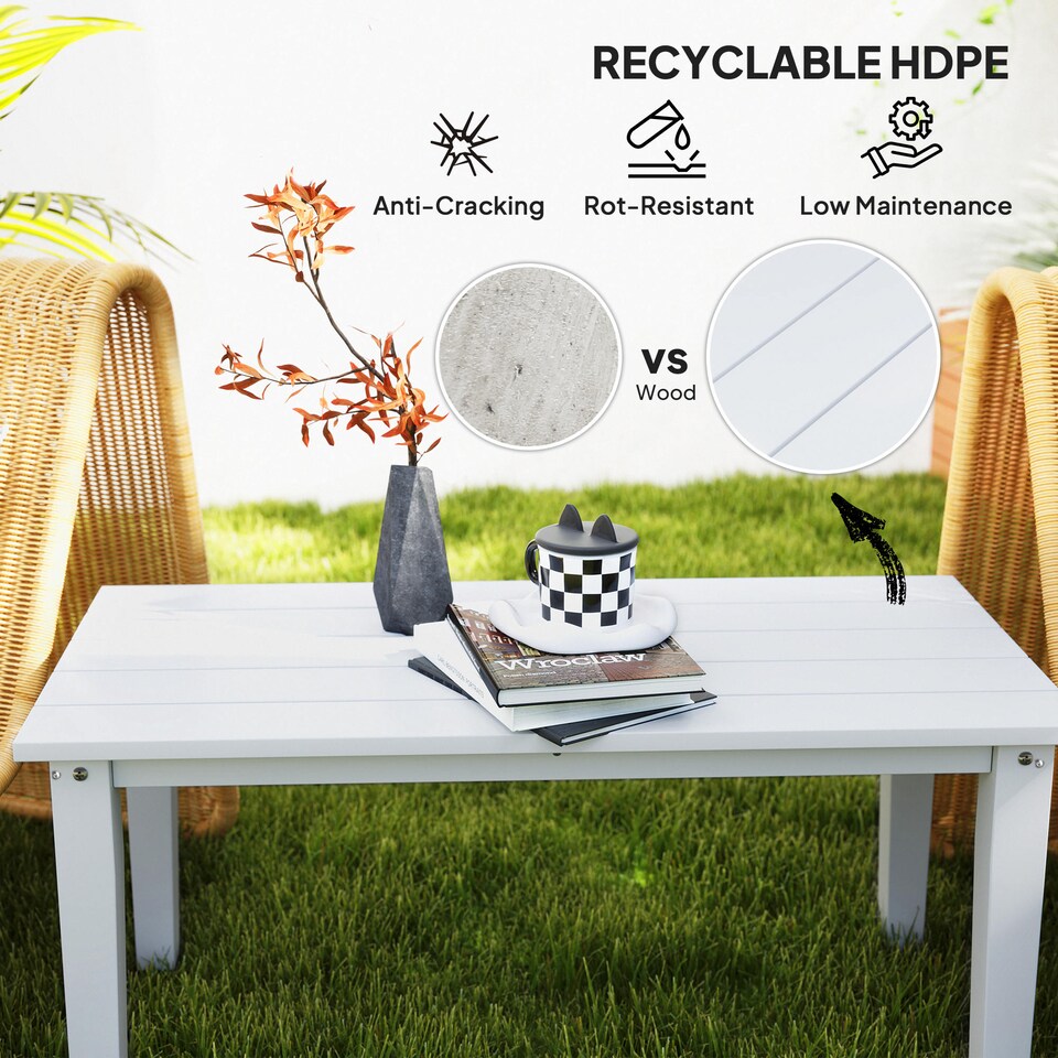image 1 of Outsunny Outdoor Garden Coffee Table, HDPE All-Weather Rectangular Outdoor Garden Table with Slatted Tabletop for Patio, Balcony, 91 x 44 x 42 cm, White | White | White