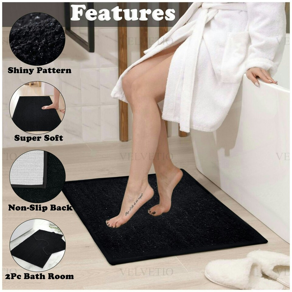 image 1 of VELVETIO Shiny Sparkling Bath Set Anti Slip Pedestal Mat Bathroom Rugs Black