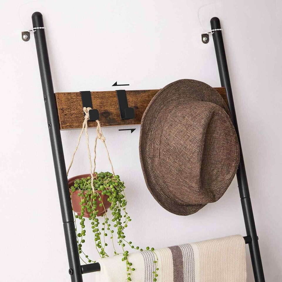 image 1 of Leaning Ladder Shelf with Towel Rack, 5-Tier Display Stand and Hooks, Space-Saving Storage, Rustic Brown and Black