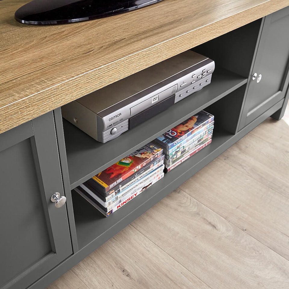 image 1 of TV Stand 2 Door Cabinet Television Unit Shelf Cable Tidy 36mm Oak Top