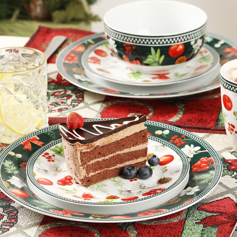 image 1 of simpa 18PC Christmas Flora Orchard Ceramic Dinner Set.