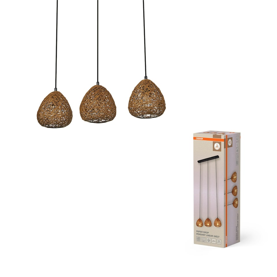 image 1 of Osram Decor Paper Drop Pendant Linear Ceiling Light 3 X E27 Beige Cream