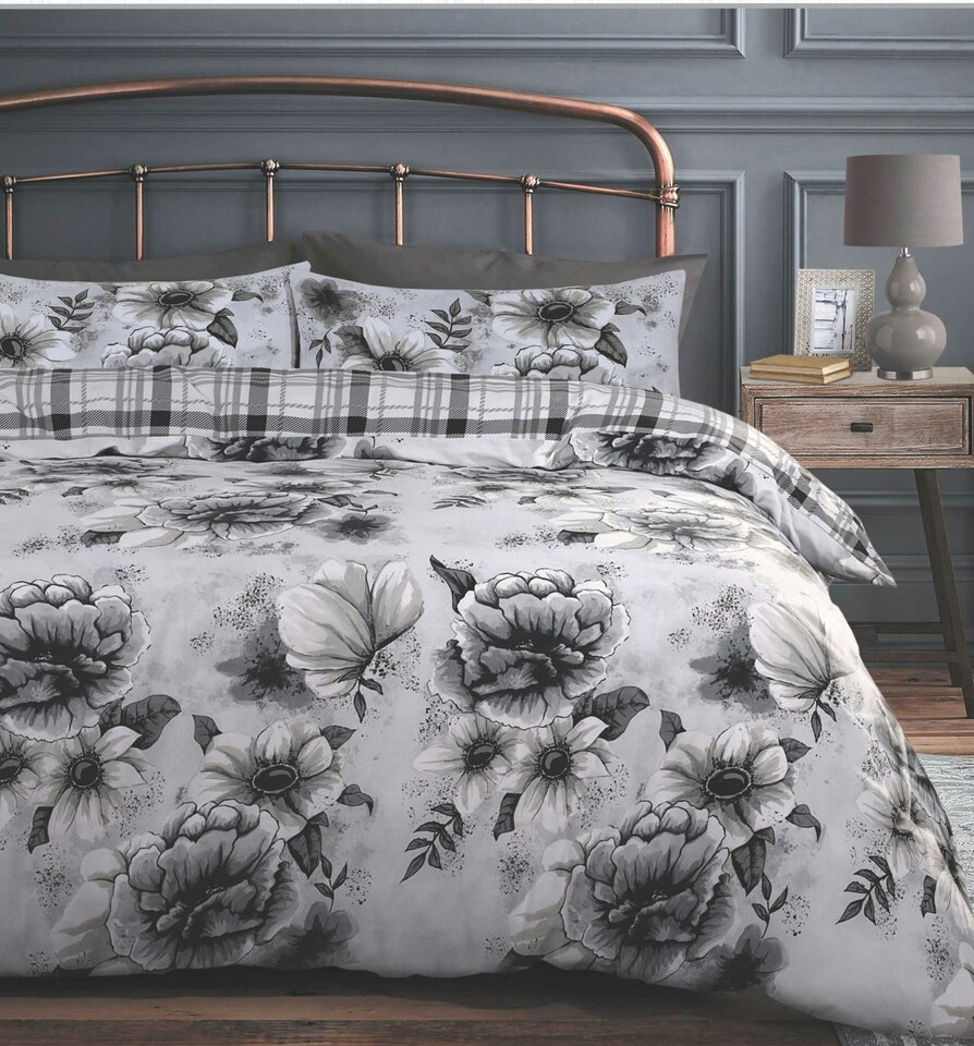 image 1 of Velosso Cassia Floral Reversible Printed Cotton Blend Duvet Cover and Pillowcase Set | Grey | Double