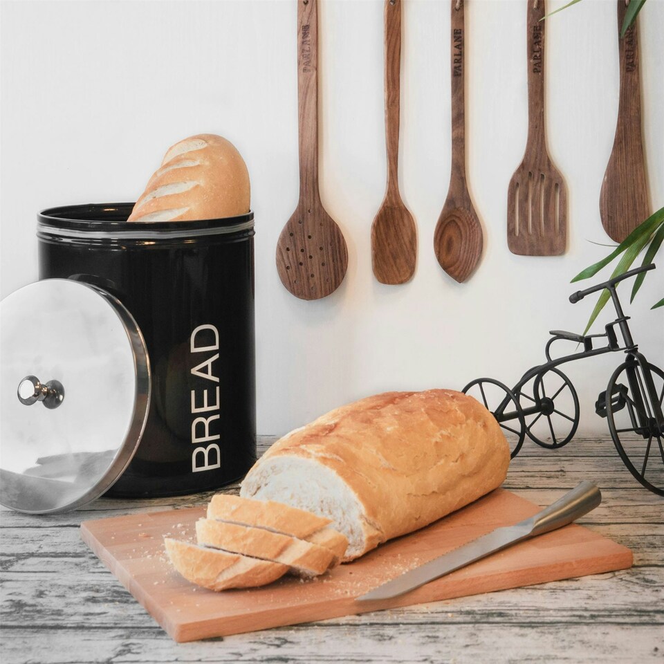 image 1 of Harbour Housewares Black Round Metal Kitchen Bread Bin Kitchen Caddy Kitchen Storage Containers Tin Canister
