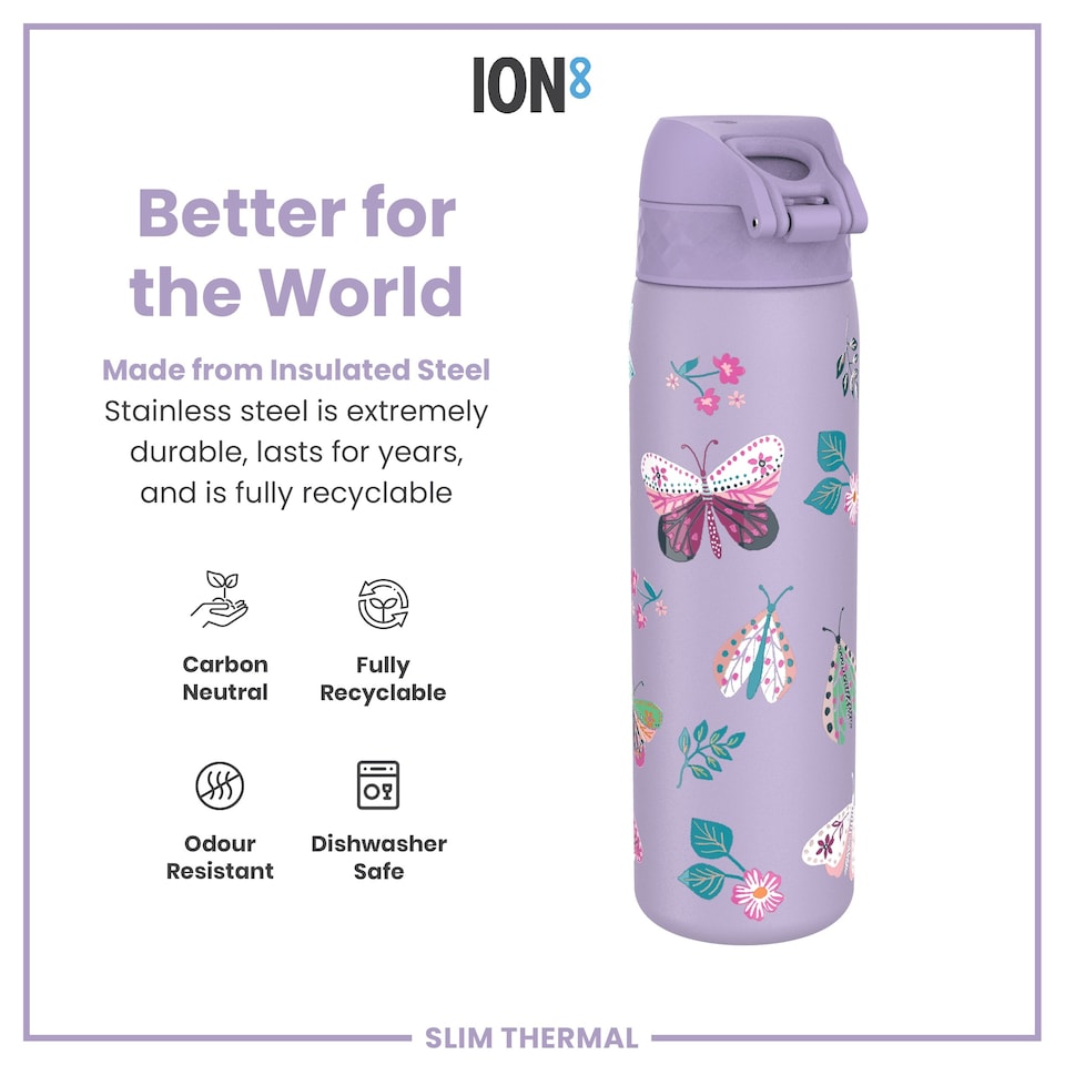 image 1 of Leak Proof Slim Water Bottle, Vacuum Insulated, 500ml (17oz) | Purple | Butterflys | One Size