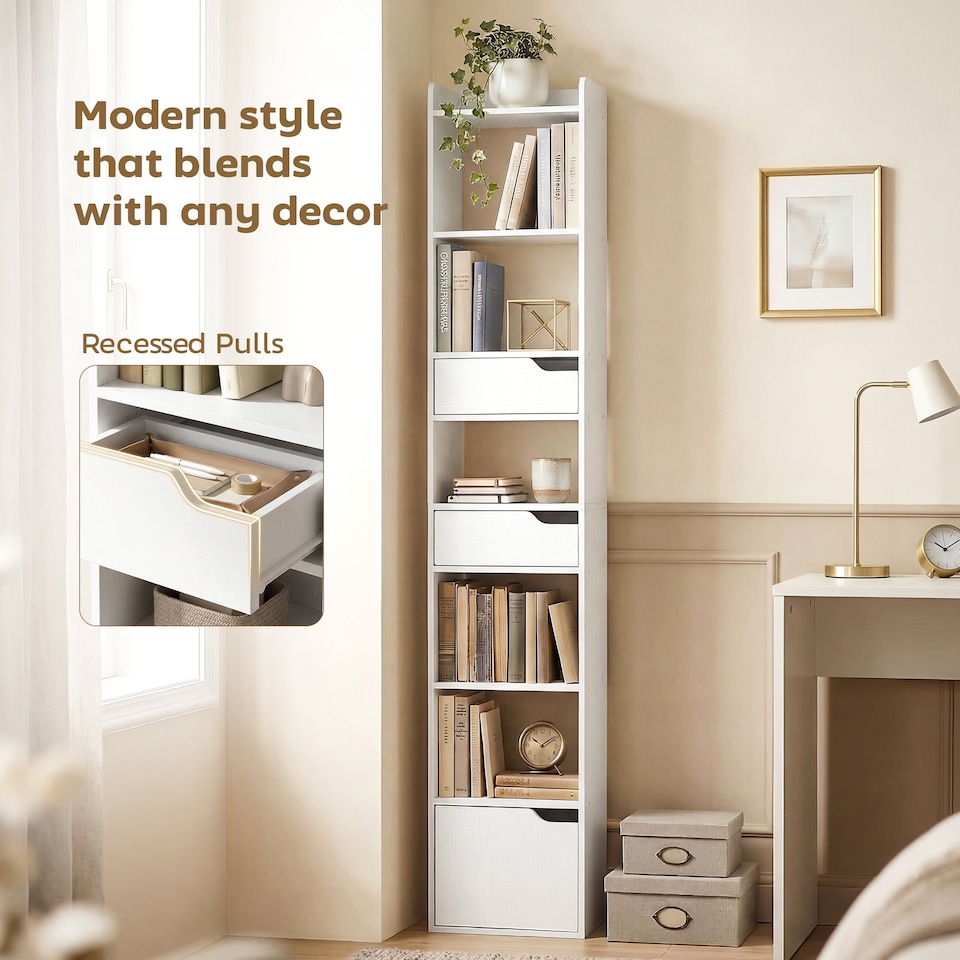 image 1 of HOMCOM Bookcase Tall Narrow with 5 Tiers Drawers