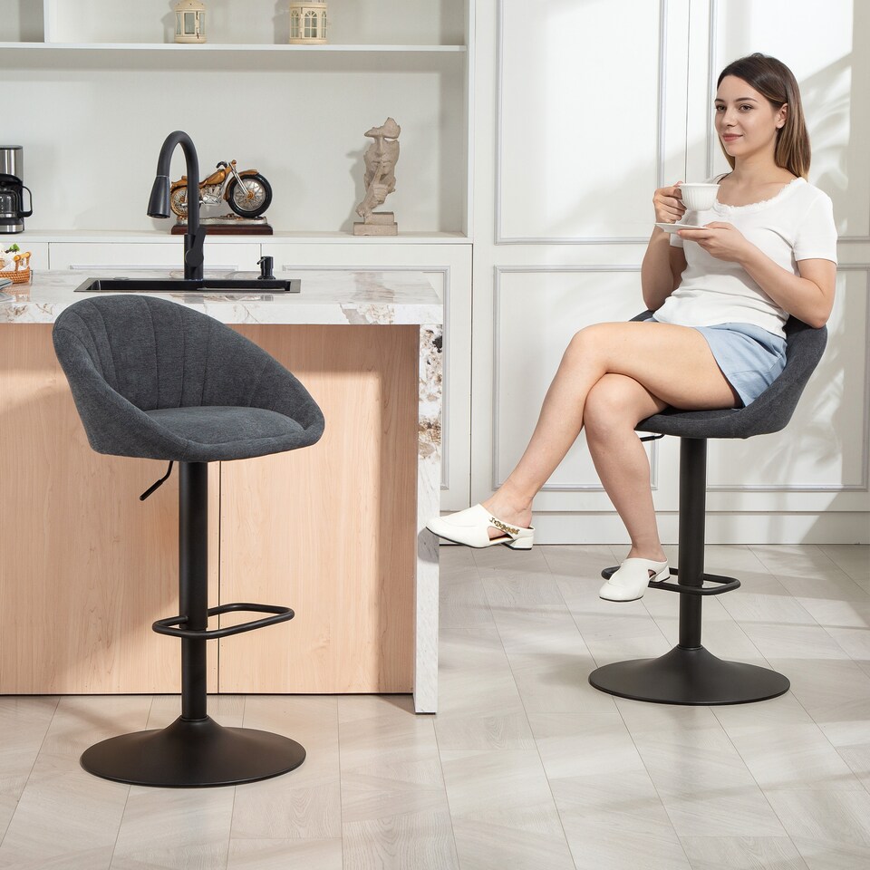 image 1 of HOMCOM Bar Stools Set of 2, Upholstered Swivel Barstools, Height Adjustable Breakfast Bar Chairs with Backrest and Footrest for Kitchen Island Counter, Dining Room, Dark Grey | Grey