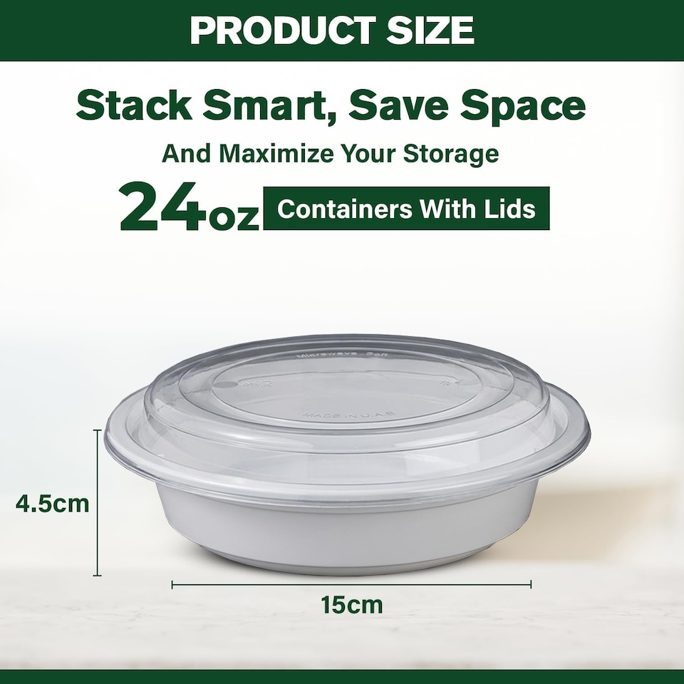image 1 of 24oz Round White Plastic Meal Prep Containers With Lid BPA Free Food Storage Box 10pk