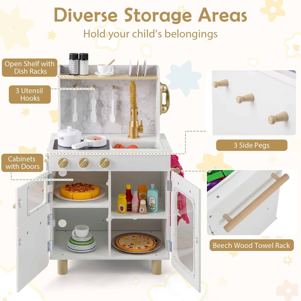 image 1 of COSTWAY Kids Kitchen Set Wooden Pretend Play Kitchen with Stoves & Sink-White