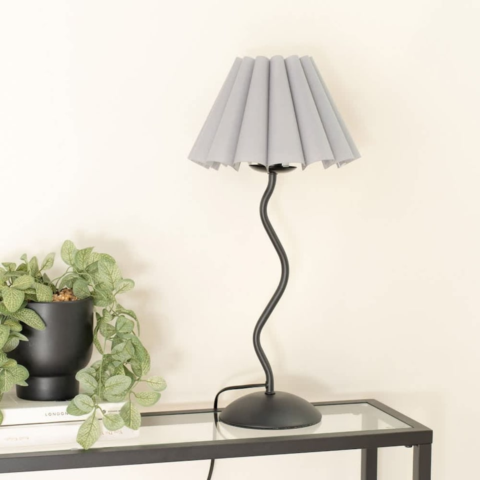 image 1 of ValueLights Wiggle Black Metal Table Lamp Grey Scallop Shade and Bulb
