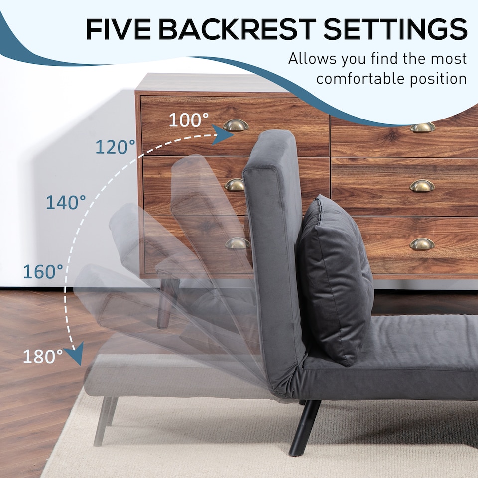 image 1 of HOMCOM Single Chair Bed, Click Clack Convertible Bed Settee, Modern Velvet Feel Fabric Chair Couch with 1 Tufted Cushion, Wood Armrests, for Living Room, Bedroom, Guest Room, Charcoal Grey