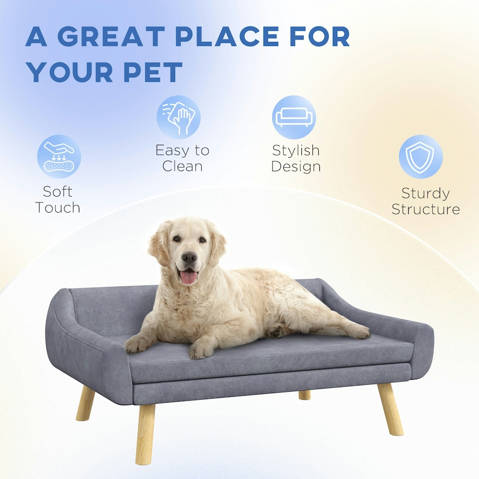 image 1 of PawHut Dog Sofa Bed Raised Couch with Wooden Frame and Soft Cushion, Grey