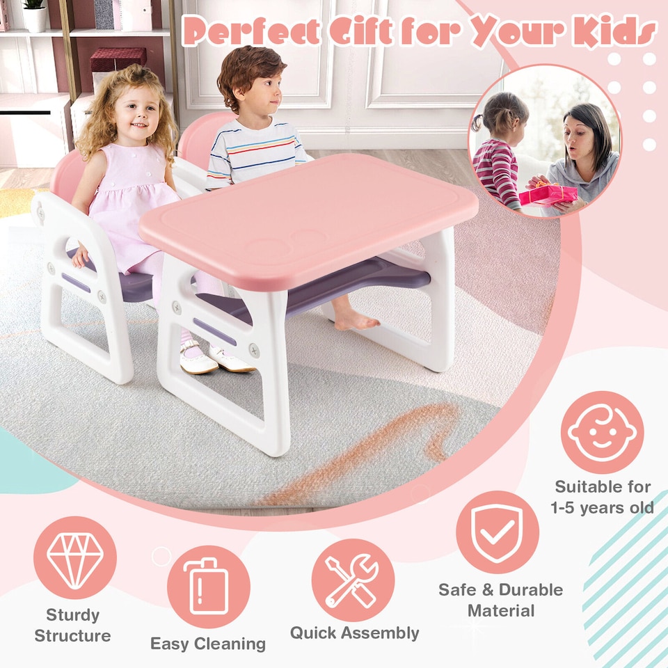 image 1 of COSTWAY 3-Piece Kids Table and Chairs Set with Rack Pink