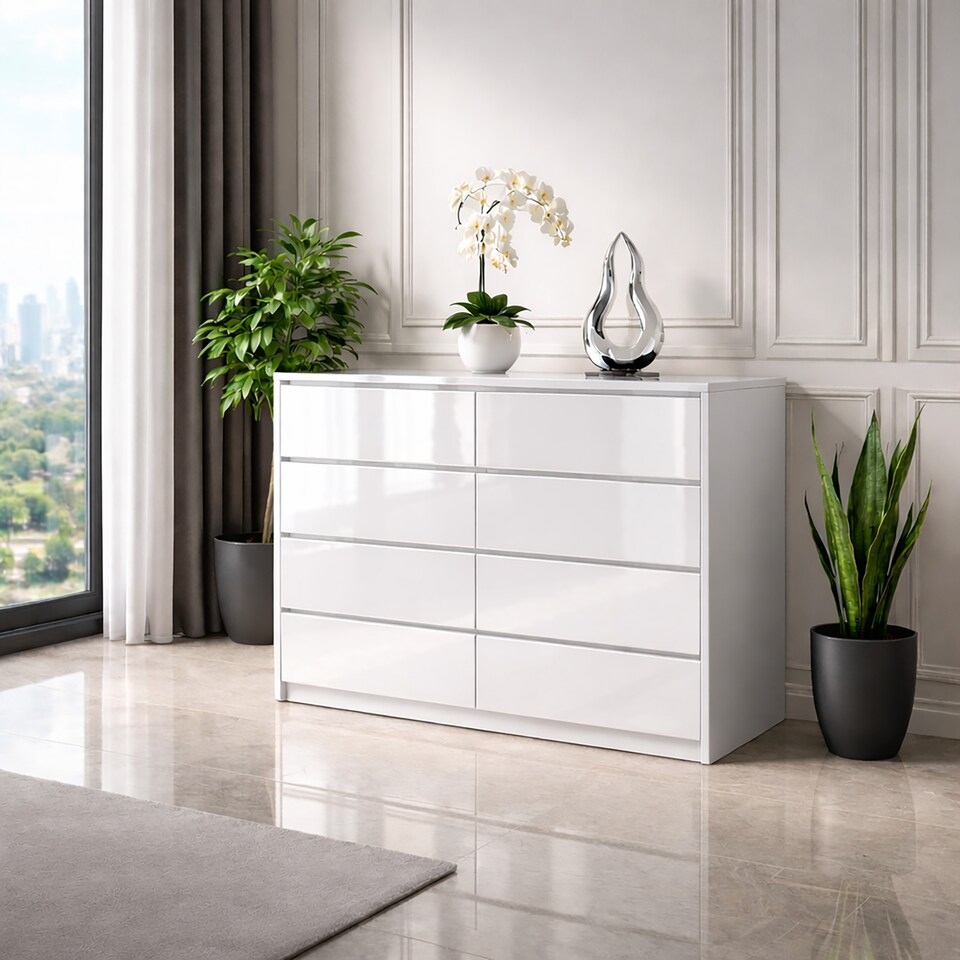 image 1 of LUXURY White 8 Drawer High Gloss Chest of Drawers - Handleless Sleek Design