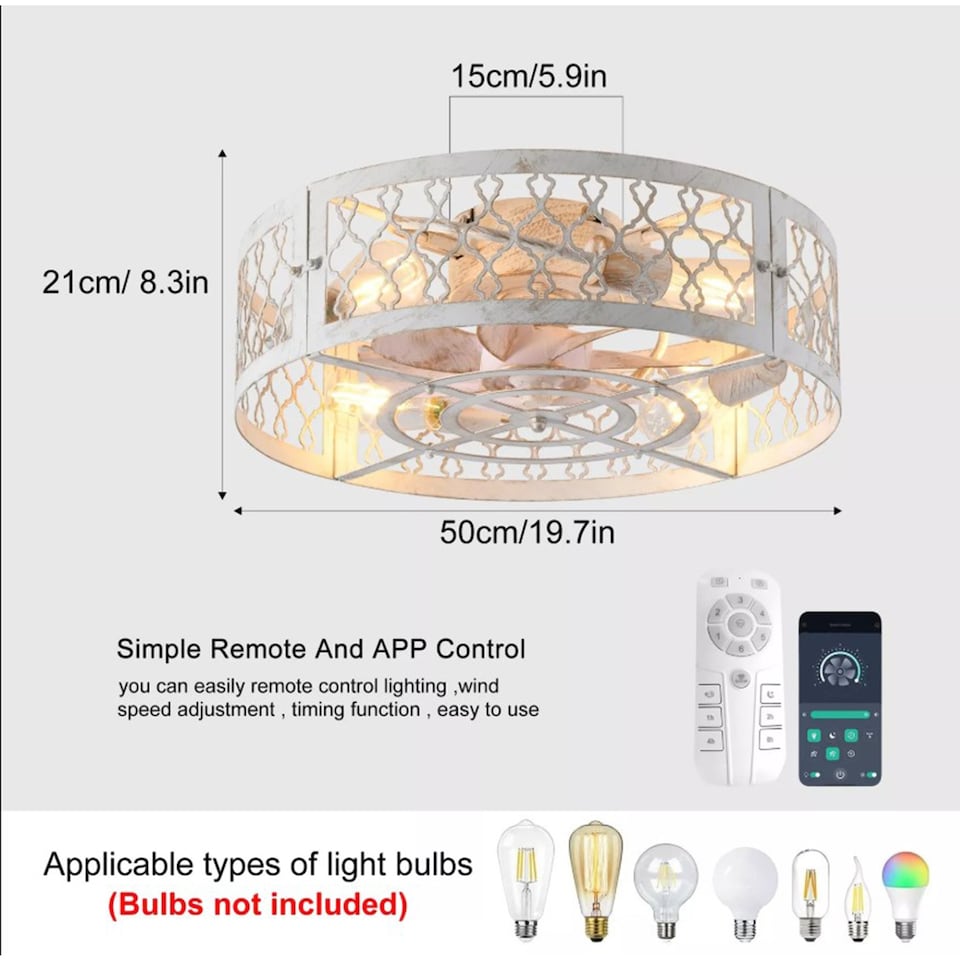 image 1 of Industrial Flush Mount Ceiling Fan White 4xE27 50cm with Remote Control