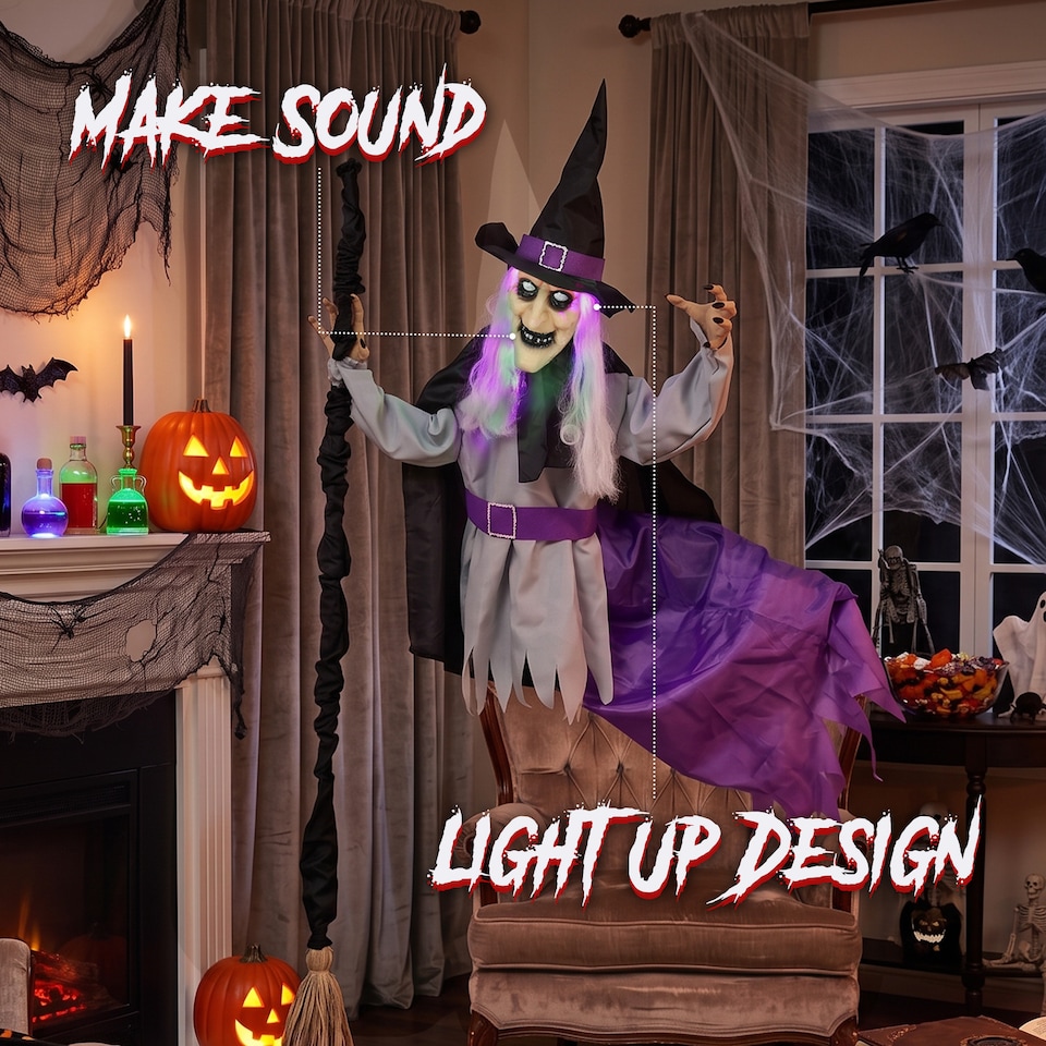 image 1 of HOMCOM 200cm Life Size Animated Witch, Scary Halloween Animatronic Decor
