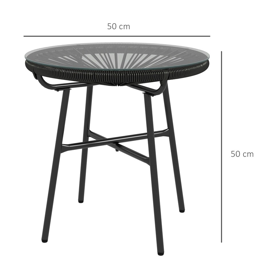 image 1 of Outsunny Rattan Side Table w/ Tempered Glass Tabletop, Black 