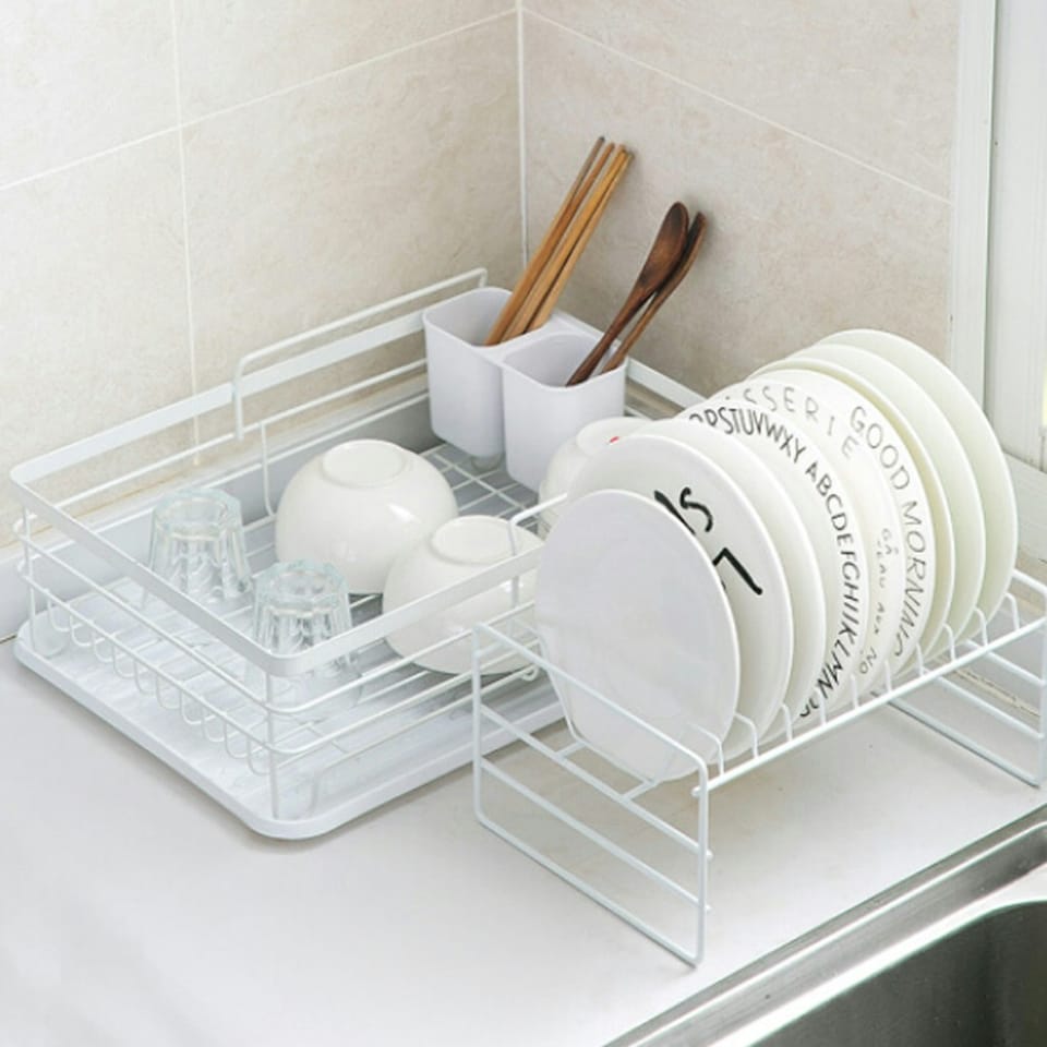 image 1 of Living and Home Kitchen 2 Tier Metal Dish Drainer Rack Sink Washing Plates Draining Board White
