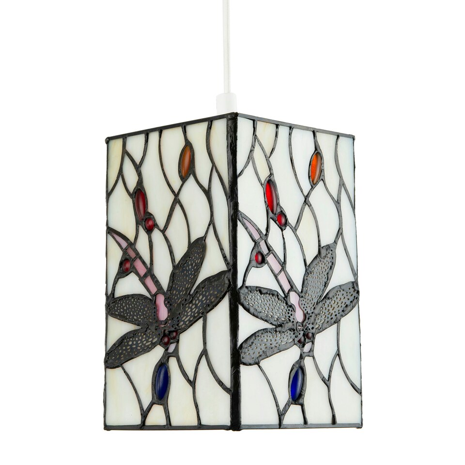 image 1 of White Stained Glass Dragonfly Rectangular Tiffany Pendant Light Shade White