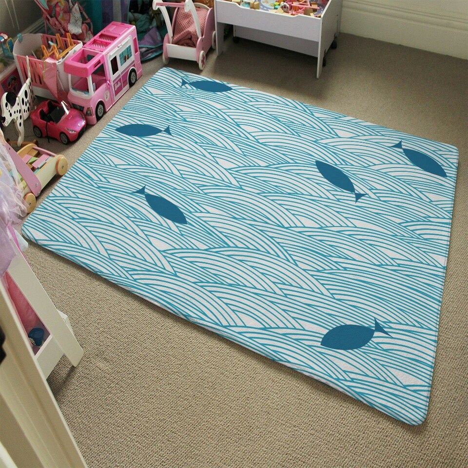 image 1 of Waves & Fish (Rug) Blue | Small: 60x110cm