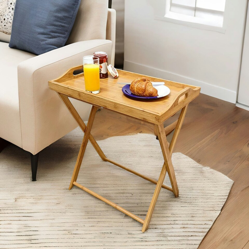 image 1 of Wooden Folding Side Table With Detachable Serving Tray Brown Brown