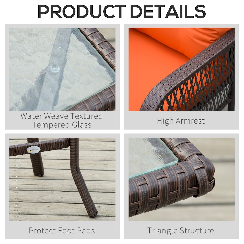 image 1 of Outsunny 3 Pieces Rattan Bistro Set with Tempered Glass Table Orange