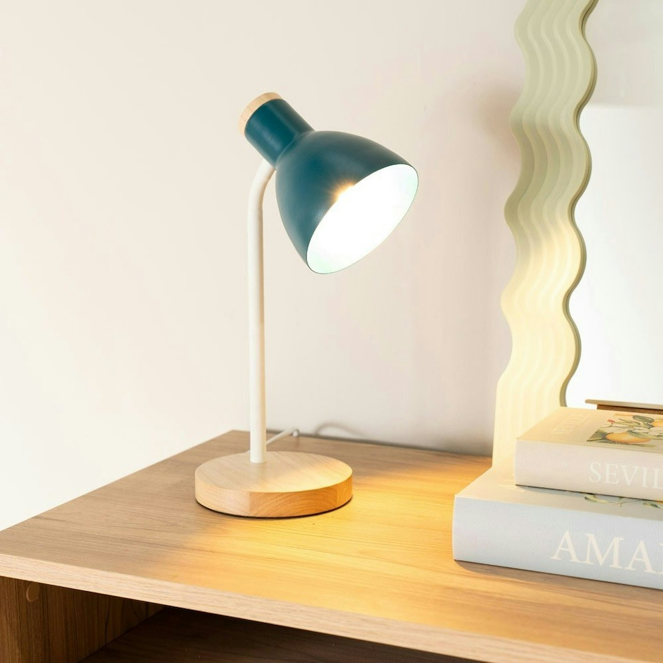 image 1 of ValueLights Woody Teal Metal Dome Shade Wooden Base Desk Task Adjustable Table Lamp